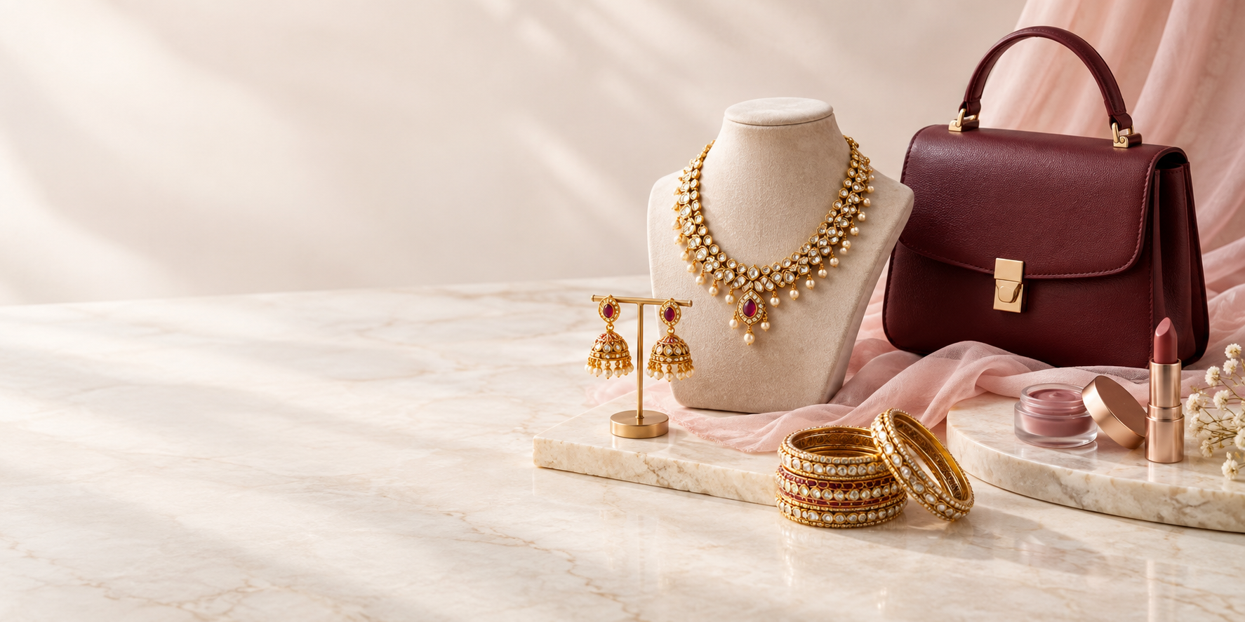 Elegant jewellery, handbag and beauty products arranged for Radha Fancy